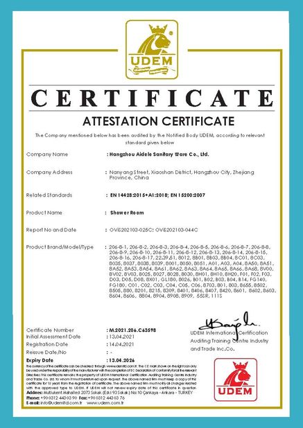 Κίνα Hangzhou Aidele Sanitary Ware Co., Ltd. Πιστοποιήσεις